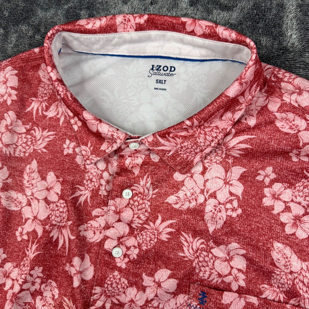 IZOD Polo Shirt Mens 5XLT Red Saltwater Tropical Pineapple Floral Short Sleeve